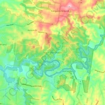 Mapa topográfico North Warrandyte, altitud, relieve