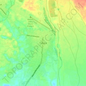 Mapa topográfico Timika, altitud, relieve