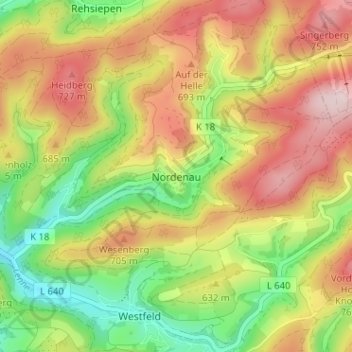 Mapa topográfico Nordenau, altitud, relieve
