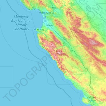 Mapa topográfico Big Sur, altitud, relieve