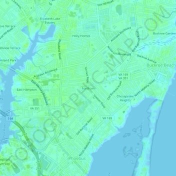 Mapa topográfico Fordham, altitud, relieve