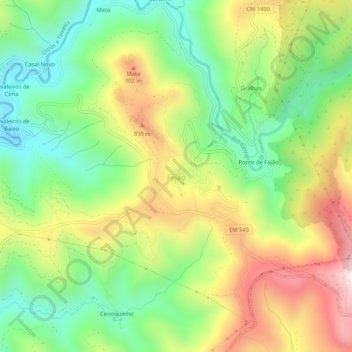 Mapa topográfico Fajão, altitud, relieve