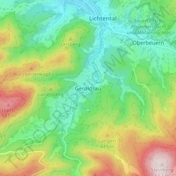 Mapa topográfico Geroldsau, altitud, relieve