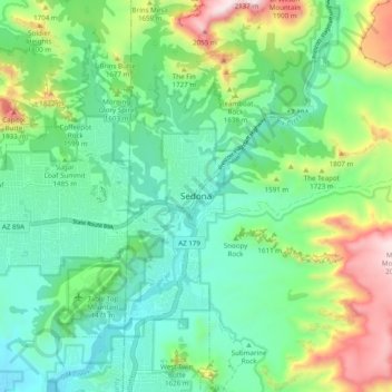 Mapa topográfico Sedona, altitud, relieve