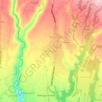 Mapa topográfico Melinggih, altitud, relieve