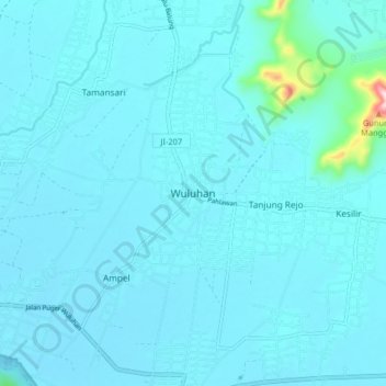 Mapa topográfico Wuluhan, altitud, relieve