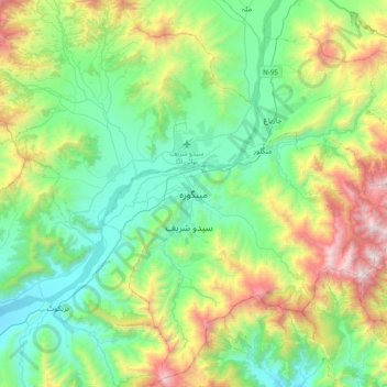 Mapa topográfico Mingora, altitud, relieve