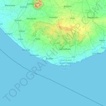 Mapa topográfico Amreli, altitud, relieve