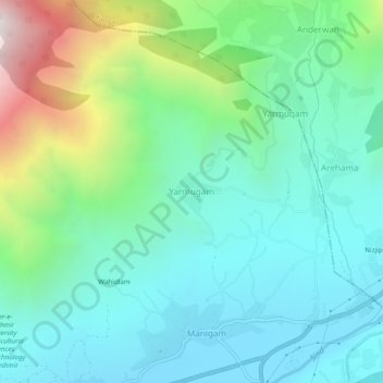 Mapa topográfico Yarmugam, altitud, relieve
