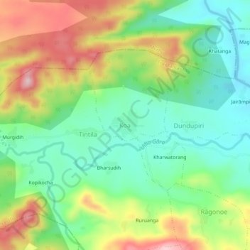 Mapa topográfico Koa, altitud, relieve