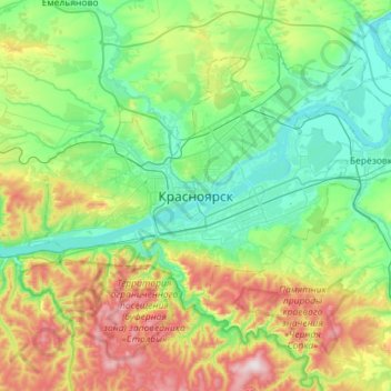 Mapa topográfico Krasnojarsk, altitud, relieve