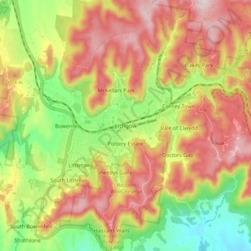 Mapa topográfico Lithgow, altitud, relieve