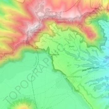 Mapa topográfico Kedaluh, altitud, relieve