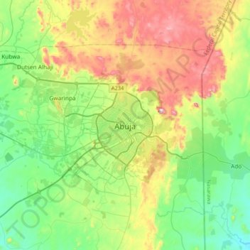Mapa topográfico Abuya, altitud, relieve