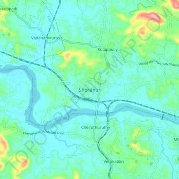 Mapa topográfico Shoranur, altitud, relieve