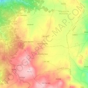Mapa topográfico Amoinha Velha, altitud, relieve