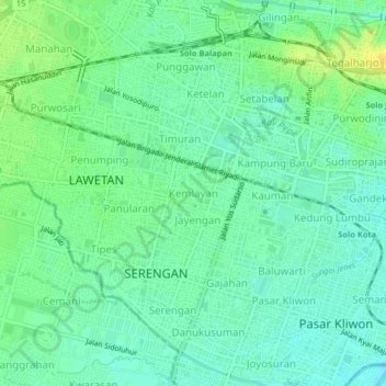 Mapa topográfico Kemlayan, altitud, relieve