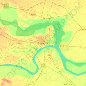 Mapa topográfico Prayagraj, altitud, relieve