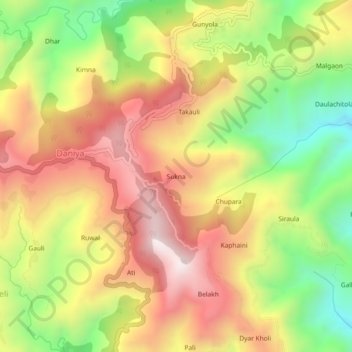 Mapa topográfico Sukna, altitud, relieve