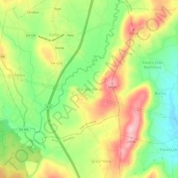 Mapa topográfico Vilar das Almas, altitud, relieve