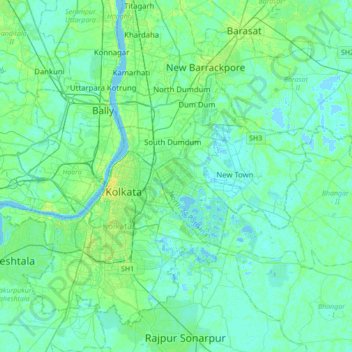Mapa topográfico Bidhannagar, altitud, relieve