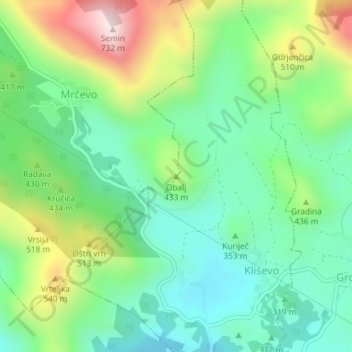 Mapa topográfico Obalj, altitud, relieve