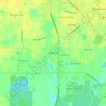 Mapa topográfico Westwood, altitud, relieve