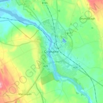 Mapa topográfico Coleraine, altitud, relieve
