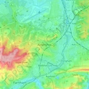 Mapa topográfico Aldershot, altitud, relieve