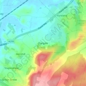 Mapa topográfico Dargate, altitud, relieve