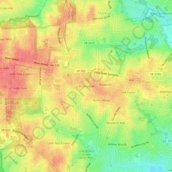 Mapa topográfico Lee Meadows, altitud, relieve