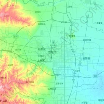 Mapa topográfico Anyang, altitud, relieve