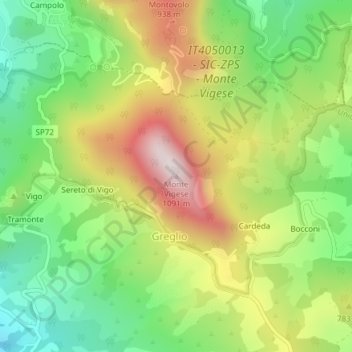 Mapa topográfico Monte Vigese, altitud, relieve
