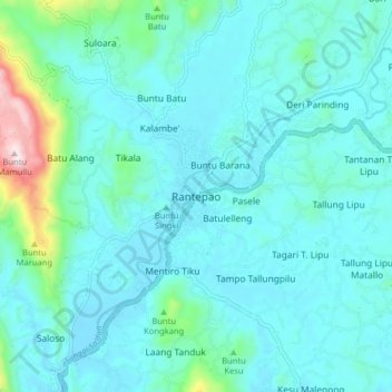 Mapa topográfico Rantepao, altitud, relieve