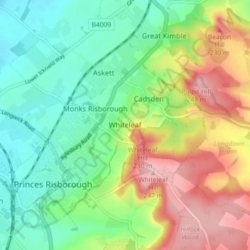 Mapa topográfico Whiteleaf, altitud, relieve