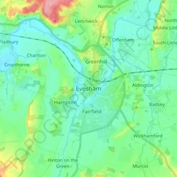 Mapa topográfico Evesham, altitud, relieve