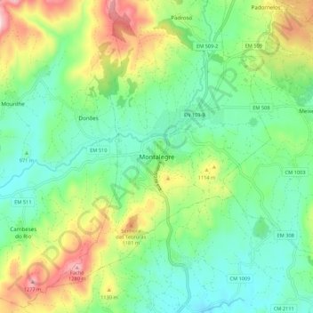 Mapa topográfico Montalegre, altitud, relieve