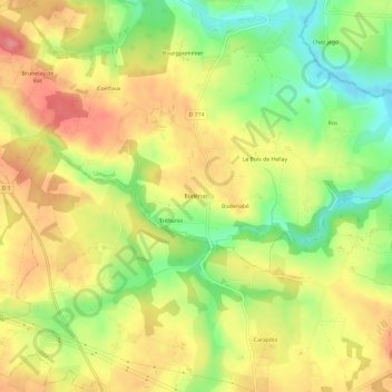 Mapa topográfico Bodérias, altitud, relieve