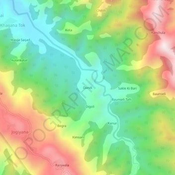 Mapa topográfico Dandi, altitud, relieve