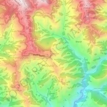 Mapa topográfico Mehli, altitud, relieve