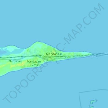 Mapa topográfico Mandapam, altitud, relieve