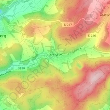 Mapa topográfico Bergheim, altitud, relieve