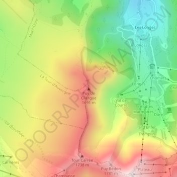 Mapa topográfico Puy de Cliergue, altitud, relieve