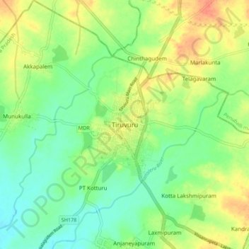 Mapa topográfico Tiruvuru, altitud, relieve