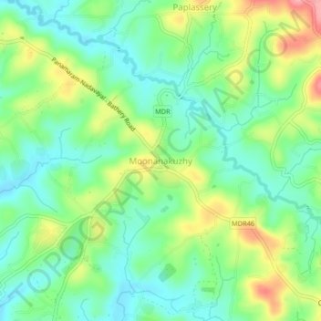 Mapa topográfico Moonanakuzhy, altitud, relieve