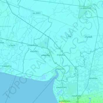 Mapa topográfico Bang Wua Khanarak, altitud, relieve