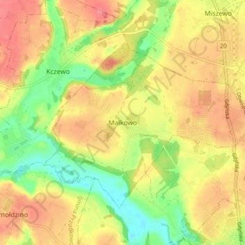 Mapa topográfico Małkowo, altitud, relieve