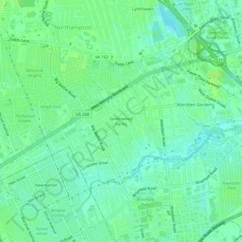 Mapa topográfico Greenwood Farms, altitud, relieve