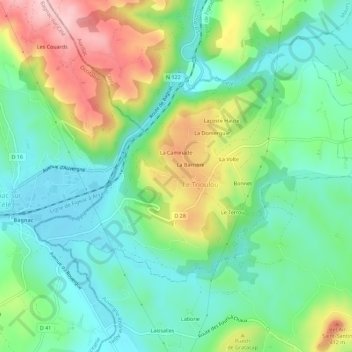 Mapa topográfico Crouzols, altitud, relieve