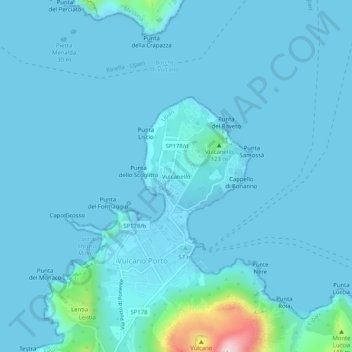 Mapa topográfico Vulcanello, altitud, relieve